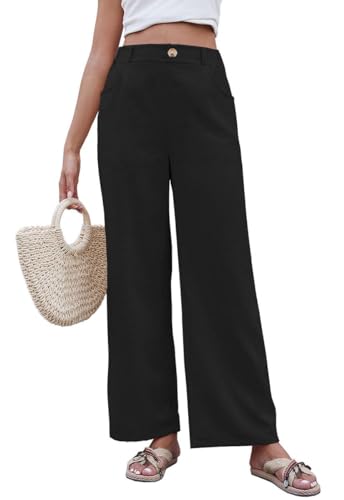 Joligiao Damen Leinenhose Sommer Hose Weites Bein Baumwolle Leinen Sommerhose Elastisch Hohe Taille Freizeithose Strandhose mit Taschen Casual Leichte Volle Länge Palazzo Hose Schwarz L von Joligiao