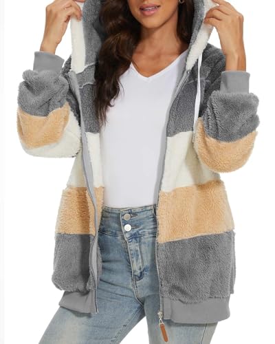 Joligiao Damen Mode Fleece Patchwork Hoodie fleecejacke damen mit kapuze, Sweatshirt mit zipper, Warme Pullover Jacken winter Plüschjacke von Joligiao