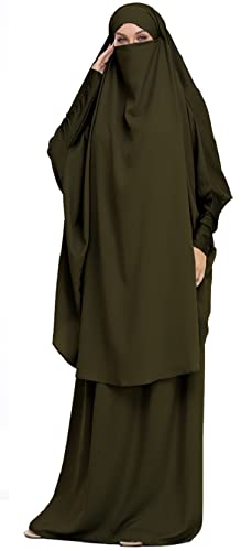 Joligiao Damen Muslim Roben Einfarbig Lose Muslimisches Kleid Mit Kapuze Islamische Gebetskleidung Fledermaus Ärmel Langarm Türkische Robe Mit Turban Strickjacke Ramadan Kleid,Dunkles Grün von Joligiao