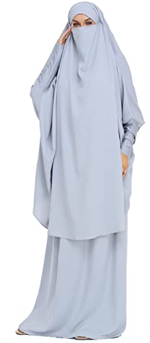 Joligiao Damen Muslim Roben Einfarbig Lose Muslimisches Kleid Mit Kapuze Islamische Gebetskleidung Fledermaus Ärmel Langarm Türkische Robe Mit Turban Strickjacke Ramadan Kleid,Grau von Joligiao