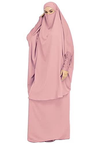 Joligiao Damen Muslim Roben Einfarbig Lose Muslimisches Kleid Mit Kapuze Islamische Gebetskleidung Fledermaus Ärmel Langarm Türkische Robe Mit Turban Strickjacke Ramadan Kleid,Rosa von Joligiao