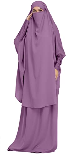 Joligiao Damen Muslim Roben Einfarbig Lose Muslimisches Kleid Mit Kapuze Islamische Gebetskleidung Fledermaus Ärmel Langarm Türkische Robe Mit Turban Strickjacke Ramadan Kleid,Violett von Joligiao