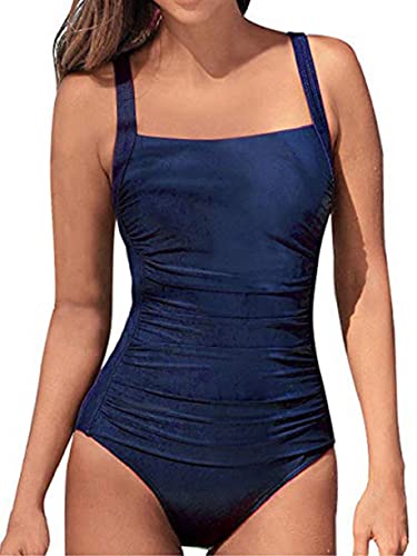 Joligiao Damen Neckholder Einteilige Strandmode Push Up Swimsuit Wickel Push Up Bademode Raffung Bauchweg Schlankheits Badeanzug,M,Marine von Joligiao