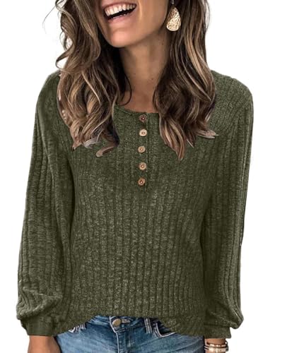 Joligiao Damen Pullover Lässige Sweater Rundhals Herbst Strickpullover Einfarbig Langarm Locker Basic Tunika Tops Leichter Langärmeliger Pullover Slim Fit Strickwaren Tops Grün XL von Joligiao