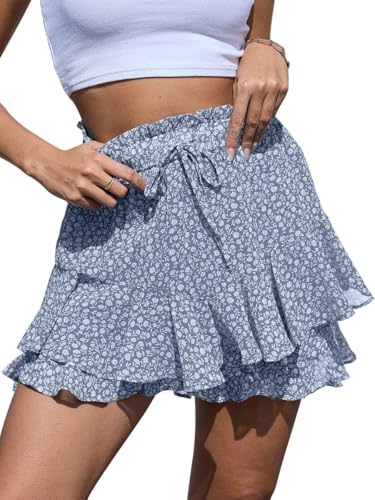Joligiao Damen Shorts Sommer Shorts Elastische Freizeit Shorts Hoher Taille Boho Rüschen Sommer Kurze Hosen Lässig Strandshorts Freizeit Shorts Mini-Röcke mit Taschen Flowy Shorts(Blau,XL) von Joligiao