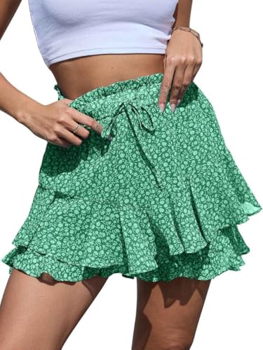 Joligiao Damen Shorts Sommer Shorts Elastische Freizeit Shorts Hoher Taille Boho Rüschen Sommer Kurze Hosen Lässig Strandshorts Freizeit Shorts Mini-Röcke mit Taschen Flowy Shorts(Grün,XXL) von Joligiao