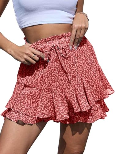 Joligiao Damen Shorts Sommer Shorts Elastische Freizeit Shorts Hoher Taille Boho Rüschen Sommer Kurze Hosen Lässig Strandshorts Freizeit Shorts Mini-Röcke mit Taschen Flowy Shorts(Rot,L) von Joligiao