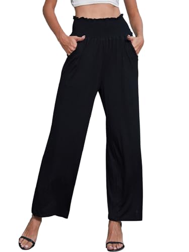 Joligiao Damen Sommerhose Hohe Taille Einfarbig Lose Gerade Geschnitten Palazzo Hose Dehnbar Elegant Lounge Hose Weite Hosen mit Taschen,Schwarz,L von Joligiao