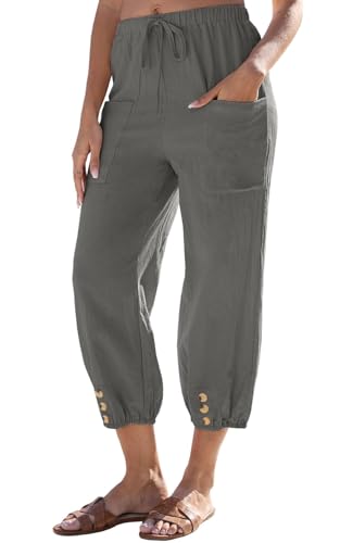 Joligiao Damen Sommerhosen Lässig Locker 7/8 Weite Freizeithosen Leichte Sommerhosen Baumwolle Leinenhose mit Taschen Hosen Einfarbige Freizeithosen Kordelzug Strandhosen mit Knöpfen von Joligiao