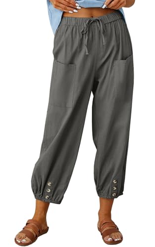 Joligiao Damen Sommerhosen Lässig Locker 7/8 Weite Freizeithosen Leichte Sommerhosen Baumwolle Leinenhose mit Taschen Hosen Einfarbige Freizeithosen Kordelzug Strandhosen mit Knöpfen von Joligiao