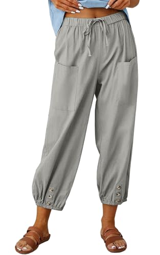 Joligiao Damen Sommerhosen Lässig Locker 7/8 Weite Freizeithosen Leichte Sommerhosen Baumwolle Leinenhose mit Taschen Hosen Einfarbige Freizeithosen Kordelzug Strandhosen mit Knöpfen von Joligiao