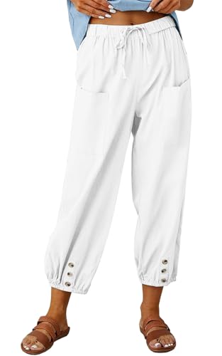 Joligiao Damen Sommerhosen Lässig Locker 7/8 Weite Freizeithosen Leichte Sommerhosen Baumwolle Leinenhose mit Taschen Hosen Einfarbige Freizeithosen Kordelzug Strandhosen mit Knöpfen von Joligiao