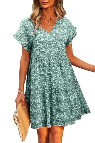 Joligiao Damen Sommerkleider Knielang Kurzarm T-Shirt Kleider Lässiges Rundhals Boho Strandkleider Sommer Elegant Minikleid V-Ausschnitt Lose Passform Sommerkleid von Joligiao