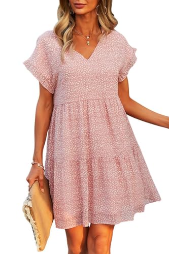 Joligiao Damen Sommerkleider Knielang Kurzarm T-Shirt Kleider Lässiges Rundhals Boho Strandkleider Sommer Elegant Minikleid V-Ausschnitt Lose Passform Sommerkleid Rosa L von Joligiao