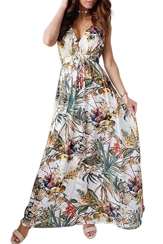 Joligiao Damen Strandkleid Sommer lässig Ärmelloses Kleid Lässig Locker V Ausschnitt Langes Kleid Floral Leichtes Kleid Wrap Elegant Hoch Taille Maxi Kleid Weiß S von Joligiao