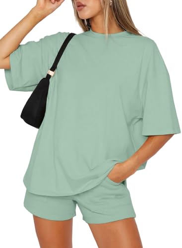 Joligiao Damen Tracksuit Kurzarm Rundhalsausschnitt Einfarbig Zweiteiler Trainingsanzug Set Hausanzug Loungewear Outfit Jogger Hausanzug Sets Damen Freizeit Set Shirt und Hose(Grün,XXL) von Joligiao