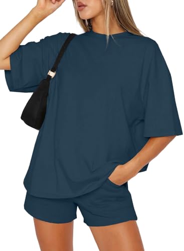 Joligiao Damen Tracksuit Kurzarm Rundhalsausschnitt Einfarbig Zweiteiler Trainingsanzug Set Hausanzug Loungewear Outfit Jogger Hausanzug Sets Damen Freizeit Set Shirt und Hose(marineblau,M) von Joligiao