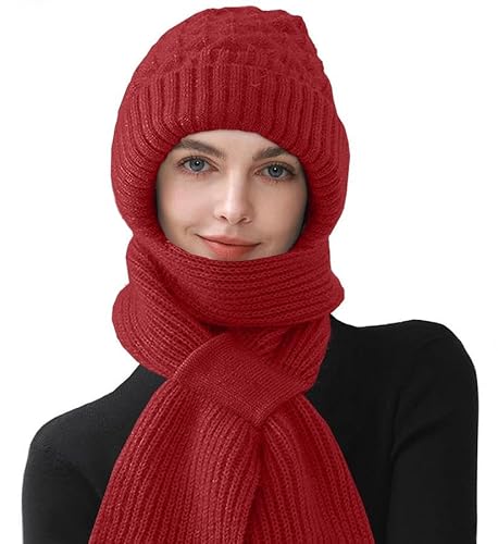 Joligiao Damen Verdickter Warmer Einteiliger Hutschal 2 in 1 Winterschal Mütze Integrierter Gehörschutz Winddichte Mütze Schal Winter Warm Mützenschal Strickmütze (Weinrot,Einheitsgröße) von Joligiao