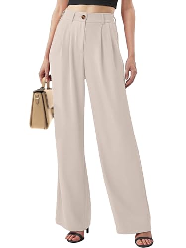 Joligiao Damen Weite Hosen Lang Hose Mit Weites Bein Leichte Elastische Lockere Palazzo Hose Hohe Taille Stoffhose Einfarbig Hose Elegant Freizeit Anzughose mit Tasche Beinform Hosen(Beige,S) von Joligiao