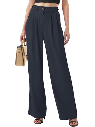 Joligiao Damen Weite Hosen Lang Hose Mit Weites Bein Leichte Elastische Lockere Palazzo Hose Hohe Taille Stoffhose Einfarbig Hose Elegant Freizeit Anzughose mit Tasche Beinform Hosen(Marine,XXL) von Joligiao
