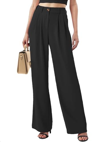 Joligiao Damen Weite Hosen Lang Hose Mit Weites Bein Leichte Elastische Lockere Palazzo Hose Hohe Taille Stoffhose Einfarbig Hose Elegant Freizeit Anzughose mit Tasche Beinform Hosen(Schwarz,XL) von Joligiao