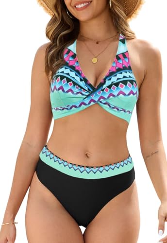 Joligiao Damen Zweiteiliger Bikini Damen Set Badeanzug V Ausschnitt Push Up Bikini Bademode Triangel Twist Front Badeanzüge Hohe Taille Bauchkontrolle Bikini Sets Badebekleidung Swimsuit(Grün,XL) von Joligiao