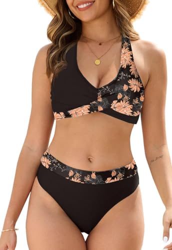 Joligiao Damen Zweiteiliger Bikini Damen Set Badeanzug V Ausschnitt Push Up Bikini Bademode Triangel Twist Front Badeanzüge Hohe Taille Bauchkontrolle Bikini Sets Badebekleidung Swimsuit(Rosa,XXL) von Joligiao