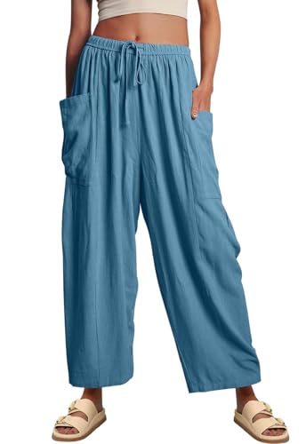 Joligiao Damen Hosen Sommer Leicht Casual Sommerhose Damenhose mit Weitem Bein Freizeithose Palazzo Hose Lässig Lockerer Kordelzug Hosen Hohe Taille Strandhose Haremshose mit Tunnelzug und Taschen von Joligiao