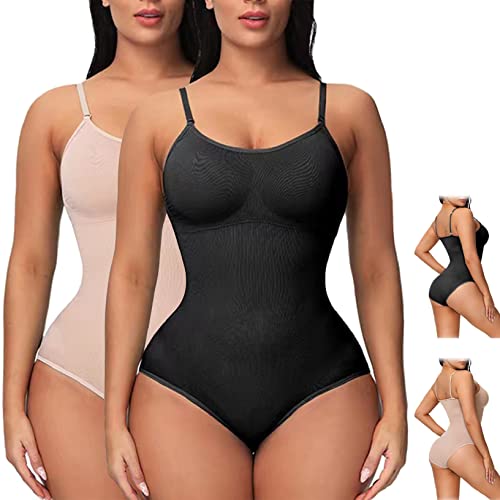 Joligiao Figurenformend Damen Formende Bodys Damen Body Shaper Bauchweg Sculpting Shapewear Tanga Verstellbarer Schultergurt,Schwarz+Beige,L von Joligiao