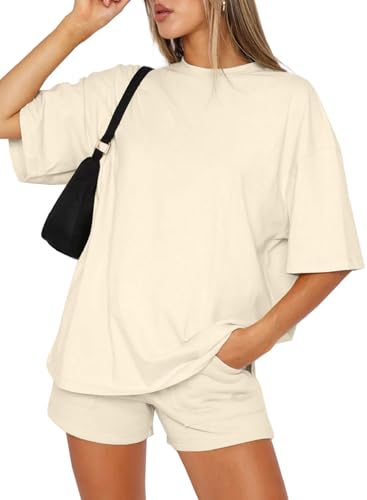 Joligiao Hausanzug Damen Zweiteiler Set Sommer Trainingsanzug Kurzarm Rundhalsausschnitt Einfarbig Freizeitanzug set Loungewear Outfit Jogger Tracksuit Set Sportanzug mit Elastischem Bund und Taschen von Joligiao