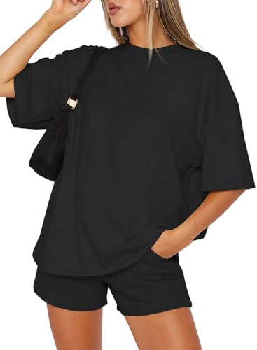 Joligiao Hausanzug Damen Zweiteiler Set Sommer Trainingsanzug Kurzarm Rundhalsausschnitt Einfarbig Freizeitanzug set Loungewear Outfit Jogger Tracksuit Set Sportanzug mit Elastischem Bund und Taschen von Joligiao