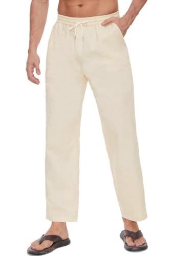 Joligiao Herren Leinenhose Herren Lang Baumwoll Sommerhose Weit Leicht Loose Fit Freizeithose für Urlaub Strand Alltag Kordelzug Freizeit Gerade Strandhose mit Taschen Beige L von Joligiao