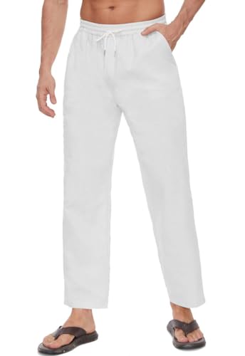 Joligiao Herren Leinenhose Herren Lang Baumwoll Sommerhose Weit Leicht Loose Fit Freizeithose für Urlaub Strand Alltag Kordelzug Freizeit Gerade Strandhose mit Taschen Weiß S Joligiao Herren Leinenhose Herren Lang Baumwoll Sommerhose Weit Leicht Loose Fit Freizeithose für Urlaub Strand Alltag Kordelzug Freizeit Gerade Strandhose mit Taschen Weiß S von Joligiao