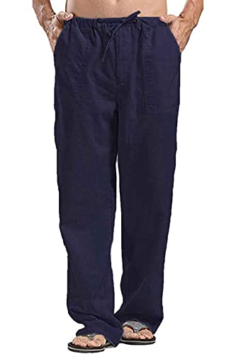 Joligiao Herren Leinenhose Loose Fit Freizeithose Lang Leicht Sommerhose mit Kordelzug Casual Strandhosen Herrenhosen Baumwoll Loungewear Übergröße Baumwollehosen Yoga Strandhose(Blau,L) von Joligiao