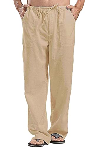 Joligiao Herren Leinenhose Loose Fit Freizeithose Lang Leicht Sommerhose mit Kordelzug Casual Strandhosen Herrenhosen Baumwoll Loungewear Übergröße Baumwollehosen Yoga Strandhose(Kakhi,L) von Joligiao