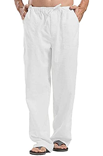 Joligiao Herren Leinenhose Loose Fit Freizeithose Lang Leicht Sommerhose mit Kordelzug Casual Strandhosen Herrenhosen Baumwoll Loungewear Übergröße Baumwollehosen Yoga Strandhose(Weiß,L) von Joligiao