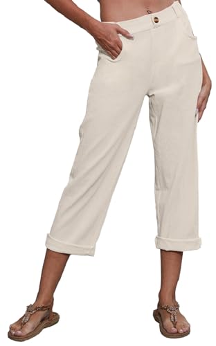 Joligiao Hose Damen Leinen Sommerhose 7/8 Casual Leichte Baumwolle Leinenhose Leicht Stoffhose Leichtgewicht Freizeithose Strandhose mit Taschen(Beige,XXL) von Joligiao