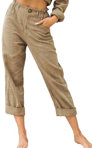 Joligiao Hose Damen Leinen Sommerhose 7/8 Casual Leichte Baumwolle Leinenhose Leicht Stoffhose Leichtgewicht Freizeithose Strandhose mit Taschen(Khaki,XL) von Joligiao