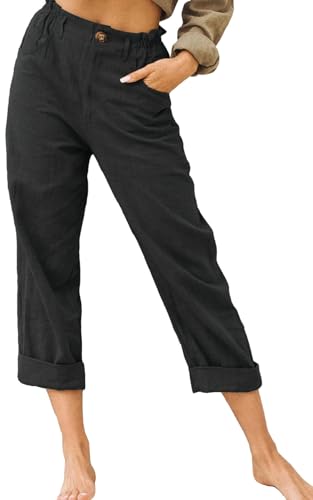 Joligiao Hose Damen Leinen Sommerhose 7/8 Casual Leichte Baumwolle Leinenhose Leicht Stoffhose Leichtgewicht Freizeithose Strandhose mit Taschen(Schwarz,M) von Joligiao