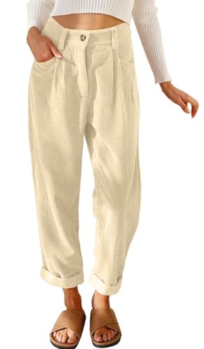 Joligiao Hosen Damen Casual Cordhose Herbst Winter Weites Bein Freizeithose Hohe Taille Elastische Taille Hose Lange Gerade Baggy Hosen Mit Taschen Einfarbig Lässig Thermohose Bequem Elegant Stoffhose von Joligiao