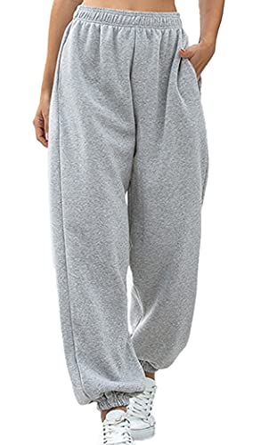 Joligiao Jogginghose Damen,Baumwolle Sporthose Lang Trainingshose Freizeithose mit Taschen Laufhosen Sweathose Casual Basics Sweatpants Trackpants(Grau,L) von Joligiao