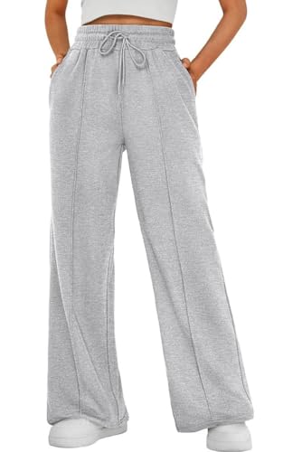 Joligiao Jogginghose Damen Hohe Taille Sporthose Baggy Weites Bein Hosen Sweatpants mit Taschen Baumwolle Jogginghosen Freizeithose Leichte Elastische Traininghose Yogahose Lockere Hose(Hellgrau,XL) von Joligiao