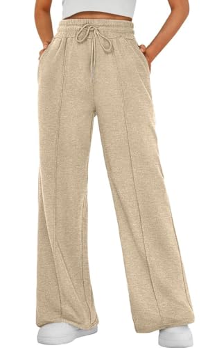 Joligiao Jogginghose Damen Hohe Taille Sporthose Baggy Weites Bein Hosen Sweatpants mit Taschen Baumwolle Jogginghosen Freizeithose Leichte Elastische Traininghose Yogahose Lockere Hose(Khaki,L) von Joligiao