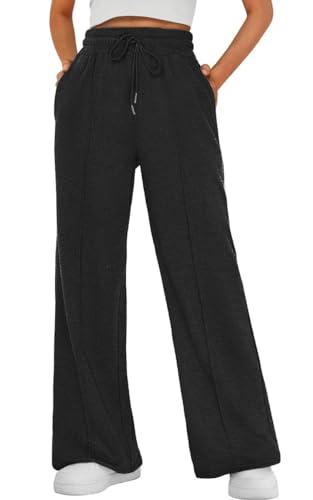 Joligiao Jogginghose Damen Hohe Taille Sporthose Baggy Weites Bein Hosen Sweatpants mit Taschen Baumwolle Jogginghosen Freizeithose Leichte Elastische Traininghose Yogahose Lockere Hose(Schwarz,S) von Joligiao