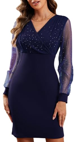Joligiao Kleid Damen Cocktailkleid Mini Langarm Kleid Elegante Paillettenkleid Kurze Abendkleid Lange Ärmel Glitzerkleid V-Ausschnitt Transparent Partykleid Hohe Taille Wickelkleider(Marineblau,M) von Joligiao
