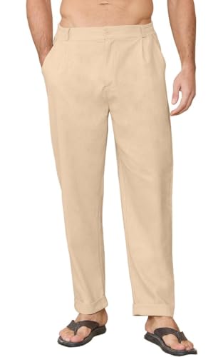 Joligiao Leichte Hose Herren Leinen Hose Baumwolle Leichte Sommerhose Lang mit Taschen Herren-Hosen Stoffhose Freizeithose Lässig Strandhosen Slim Fit Chinohose Stretch Freizeithose(Beige,L) von Joligiao