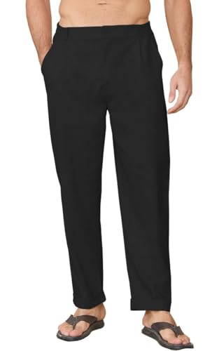 Joligiao Leichte Hose Herren Leinen Hose Baumwolle Leichte Sommerhose Lang mit Taschen Herren-Hosen Stoffhose Freizeithose Lässig Strandhosen Slim Fit Chinohose Stretch Freizeithose(Schwarz,L) von Joligiao