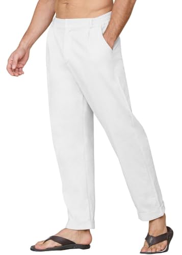 Joligiao Leichte Hose Herren Leinen Hose Baumwolle Leichte Sommerhose Lang mit Taschen Herren-Hosen Stoffhose Freizeithose Lässig Strandhosen Slim Fit Chinohose Stretch Freizeithose(Weiß,XL) von Joligiao