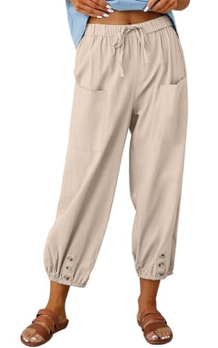 Joligiao Leinenhose Damen 7/8 Lang Sommerhose Casual Leichte Baumwolle Leinen Freizeithose Lässige Stoffhose Loose Fit Strandhose mit Taschen Yogahose Elastische Taille Haremshose (Beige,M) von Joligiao