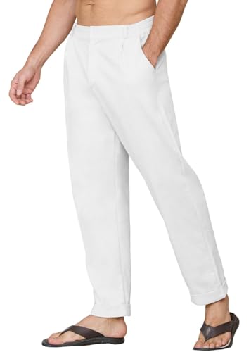 Joligiao Leinenhose Herren Lang Sommer Leichte Sommerhose Leichte Hose mit Elastischer Bund Stoffhose Lässige Leinenhose mit Taschen Loose Fit Casual Freizeithose Strandhose Baumwolle Leinenhosen von Joligiao